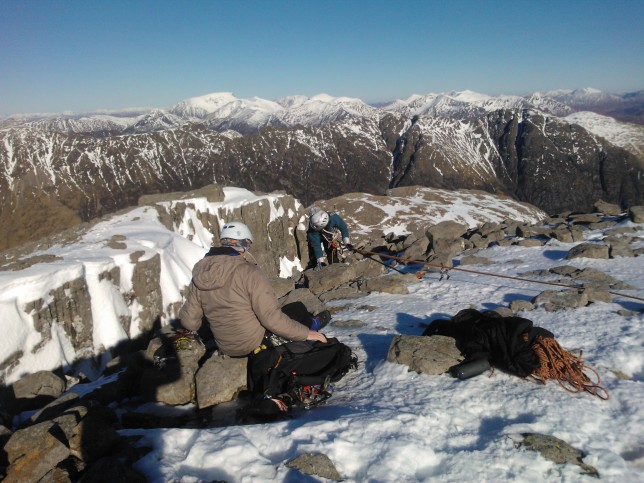 Lunch at the top of Twisting Gully with extensive views of the winter Highlands.